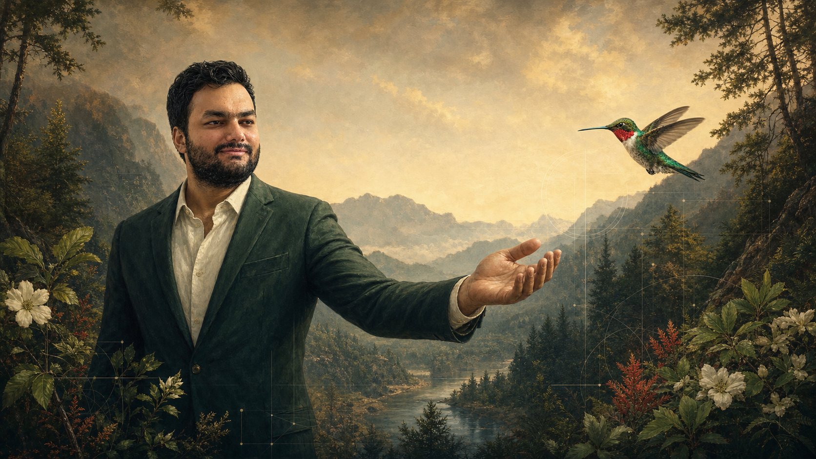 Creative portrait of Manish Dadhwal with mountains and a hummingbird